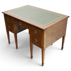 Acornman - Edwardian style mahogany kneehole desk, rectangular top with inset tooled green leather writing surface, central frieze drawer flanked by two further drawers either side, on square tapering inlaid supports terminating in spade feet, with signature carved acorn, by the workshop of Alan Grainger of Brandsby