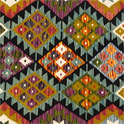 Afghan Maimana flatweave kilim runner, central field features large bold nested diamond motifs and stylized geometric lozenge patterns on olive purple, ochre, blue, and green tone ground, border stripe in orange tones with fringe