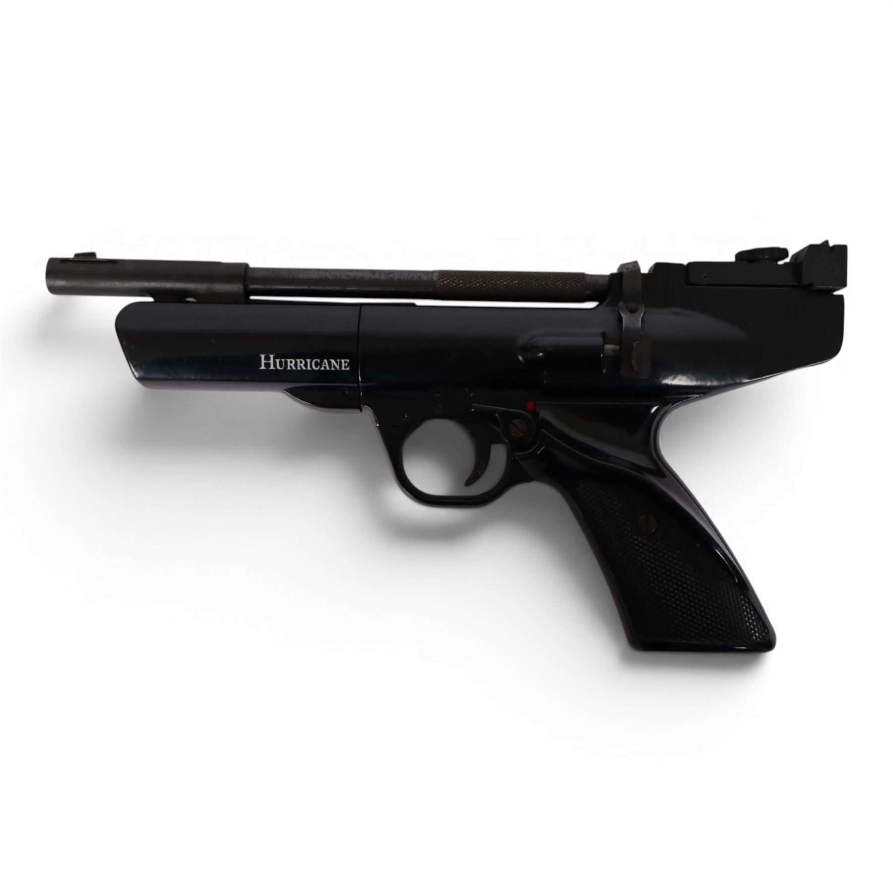 Webley Hurricane .177 air pistol, the chamber marked 'Hurricane' and 'Webley & Scott Ltd. Birmingham England' beneath, with front hooded sight and black checkered grip, H14cm, L28cm