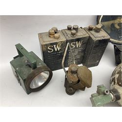 Three RAF light switches, together with military oxygen canister, batteries, gages etc  