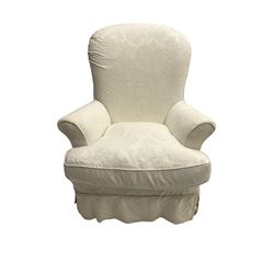Spoon back tub chair, upholstered in white floral fabric
