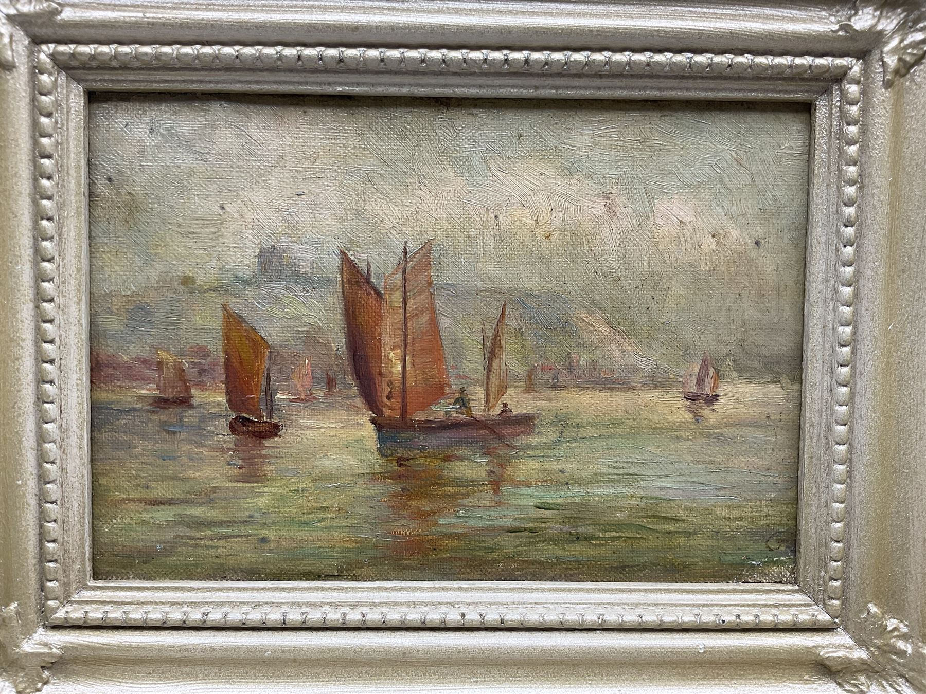 Attrib. Gertrude Hudson (British 1878-1958): Fishing Boats at Scarborough and the Beach, pair oils on board signed with initials GH, 12cm x 19cm (2) 
Notes: Hudson was a pupil of and model for Mark Senior, and the sister-in-law of Senior's daughter. She never took to painting full-time, hence why her art very rarely appears on the market, and making a firm attribution difficult.