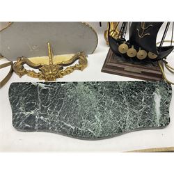 Five various giltwood and other hall brackets, one with marble top; and Viking ship table lamp
