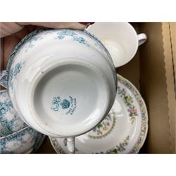 Quantity of teawares to include Coclough, Pearsons stoneware lidded twin handled pot, and other ceramics in two boxes