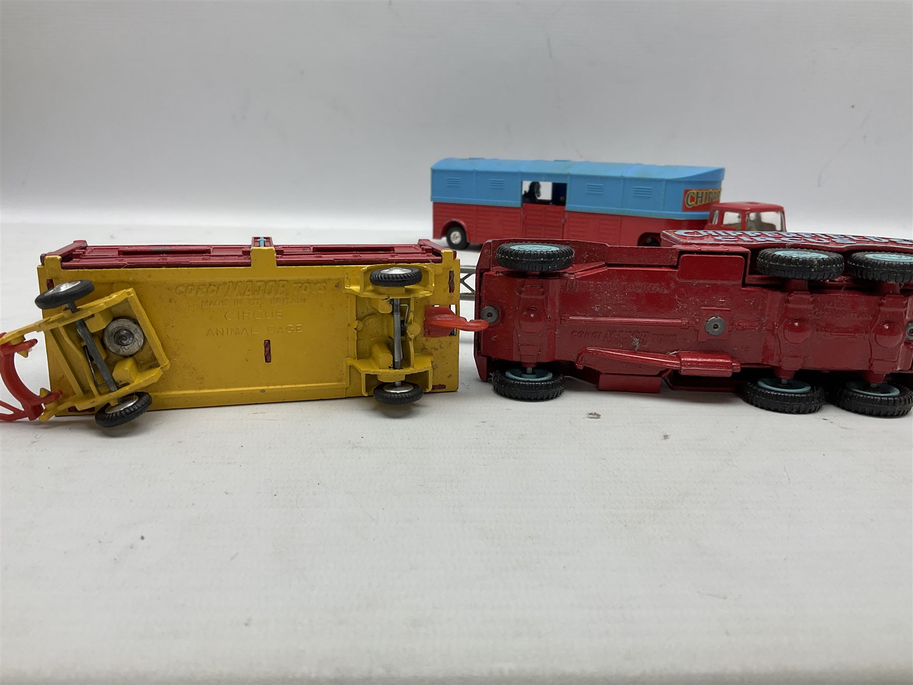 Corgi 'Chipperfields' - Gift Set 19 Land Rover with elephant cage on trailer containing elephant; No.1123 Circus Animal Cage with two Polar Bears; No.1130 Horse Transporter with five horses; No.503 Circus Giraffe Transporter with three giraffes; and No.1121 Crane Truck; all unboxed; together with two other models