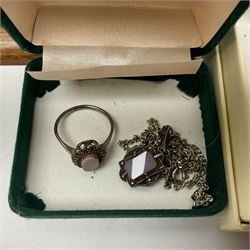 Five silver coffee spoons, together with one other, hallmarked, silver jewellery and costume jewellery in a wooden jewellery box