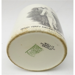  Cricket - Commemorative transfer printed mug for 'Hedley Verity, England's Famous Spin Bowler' retailed by W. Ellis Moorcroft of Bramley H9.5cm  
