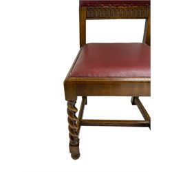 Mid-20th century set seven (6+1) oak barley twist dining chairs, upholstered back and drop in seat, on spiral turned front supports joined by H-shaped stretchers