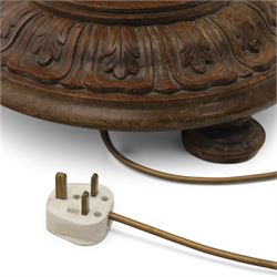 Late 19th Century mahogany standard lamp with shade, canvas beige shade, above a carved and turned column, on a carved base with pad feet