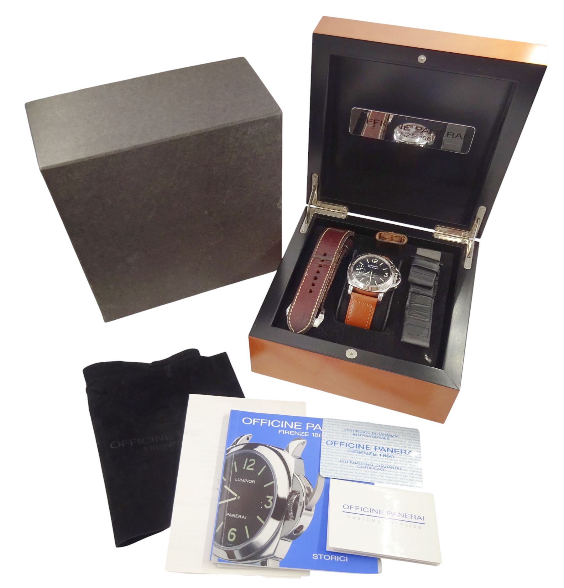 Panerai Luminor Marina gentleman's stainless steel manual wind wristwatch, Ref. OP 6518, limited edition No. 0213/3000, black dial with luminous Arabic and baton hour markers and subsidiary seconds dial at 9 o'clock, on original tan leather strap with addition brown leather strap, boxed with guarantee card dated 2000