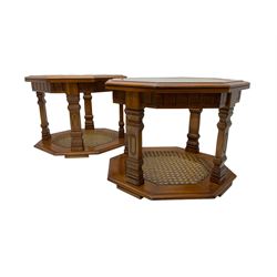 Pair hardwood octagonal side tables, moulded top with bevelled glass inset, cane work undertier 