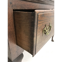 Early 20th century oak dresser, raised three tier plate rack, single cupboard above two drawers, cabriole legs, W122cm, H200cm, D51cm