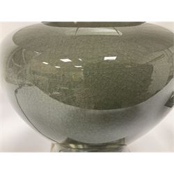 Pair of table lamps of squat baluster form, with a crackle glaze to a dark grey ground, upon a square base, including shade H57cm