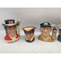 Large collection of Royal Doulton miniature character jugs, to include The Postman D6801, The London 'Bobby' D6762, Old Salt, D6554, Sir Henry Doulton D6703 etc  