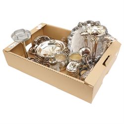 Silver plated four branch epergne, pair of plated fern pots, Mappin & Webb cake dish, toas...