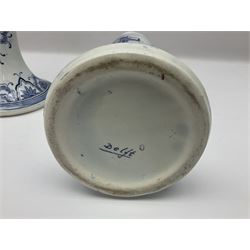 Pair of Delft blue and white vases, of elongated baluster form with shaped fluted rim, one depicting a Dutch sailing scene, the other a Dutch windmill scene, with painted mark beneath, H35.5cm