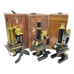 Three boxed microscopes, comprising Hawkslay & Sons Spencer Buffalo microscope no 68177, J Swift & Son microscope and R & J Back microscope no 30241