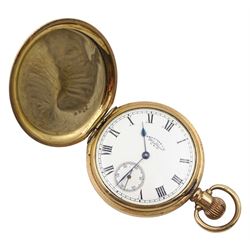Early 20th century gold-plated full hunter 15 jewels keyless Preston Junior presentation pocket watch by Waltham, made for Preston Ltd, Boton, No. 22323684, white enamel dial with Roman numerals, the case monogrammed A G