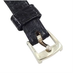 Jaeger-LeCoultre ladies 18ct white gold diamond manual wind wristwatch, back case No. 755841, square silvered dial with round brilliant cut diamond bezel and single cut diamond set lugs, crown wound from back case, on black leather strap, with 18ct white gold buckle, stamped 750, total diamond weight approx 0.70 carat