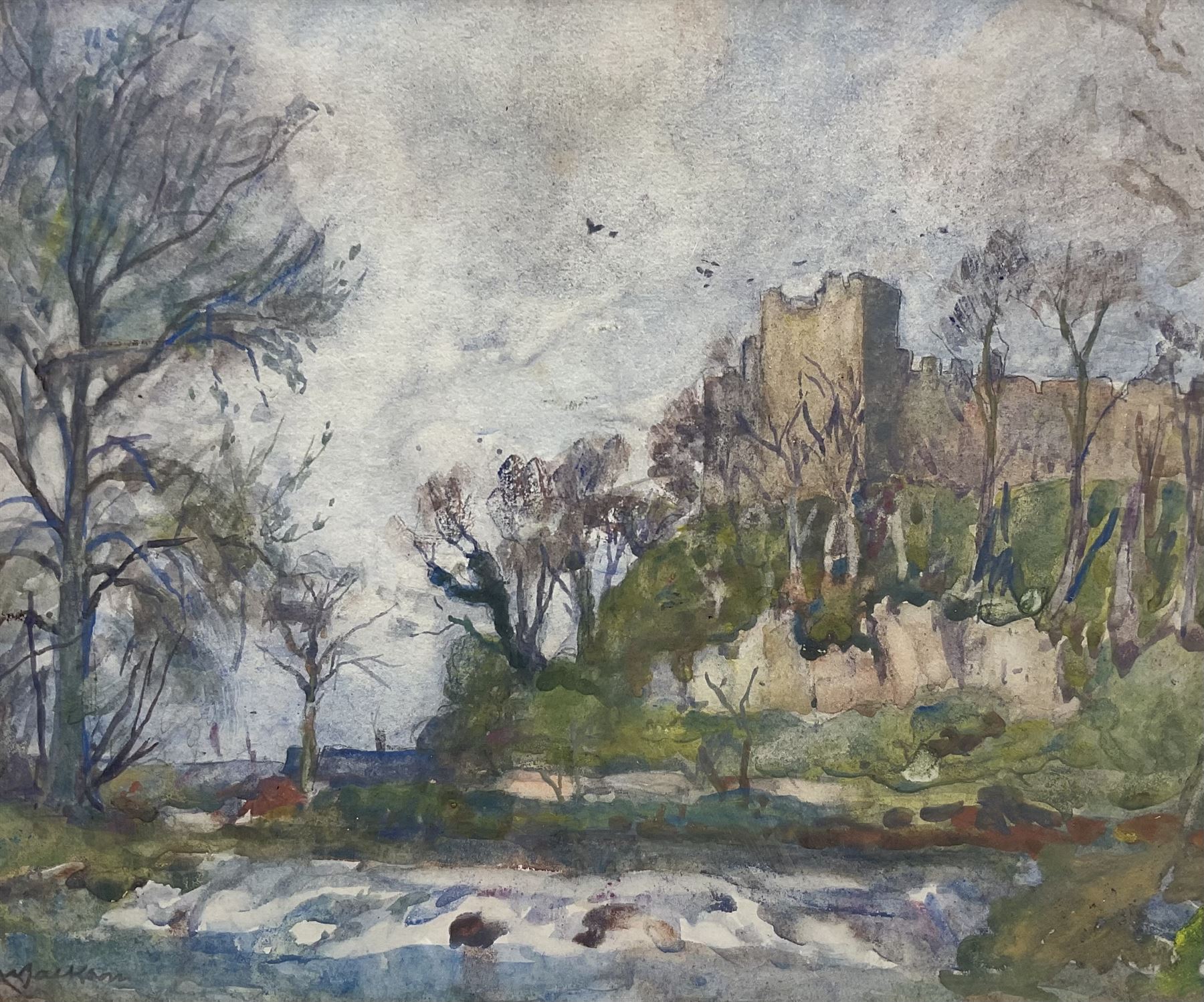Frederick William Jackson (Staithes Group 1859-1918): Castle Ruin by the Riverside, watercolour signed 20cm x 24cm