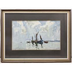 Edward Wesson (British 1910-1983): Moored Barges, watercolour signed 30cm x 50cm