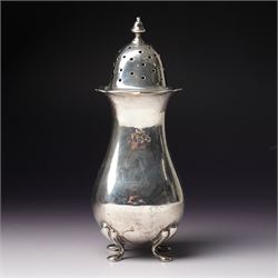 Edwardian silver sugar caster with pierced cover and shaped supports Birmingham 1904 Maker...