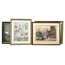 After Tom Brown (British 20th century): Gentlemen Smoking Round Fire Pit, colour print signed in pencil together with three further prints max 59cm x 38cm (4)