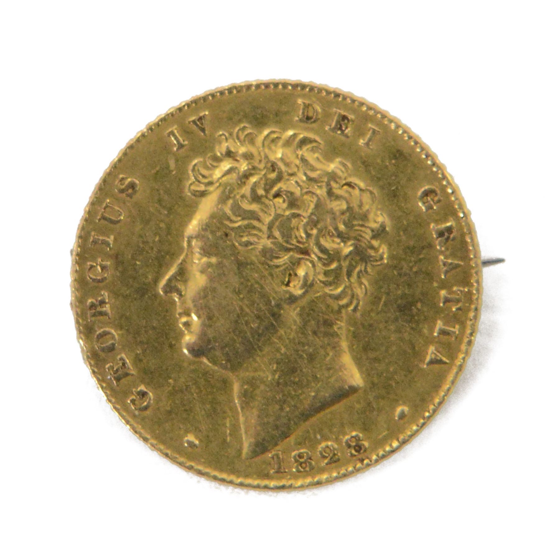 George IV 1828 gold half sovereign coin, mounted as a brooch (soldered)