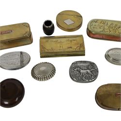 Collection of tobacco boxes and similar, including brass examples, together with match holder with silver collar, ashtray etc  
