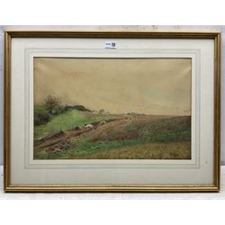William Wardlaw Laing (exh.1882-1922): 'A Fallow Field' - laying clay pot drainage system, watercolour signed, original title label verso with  artist's Liverpool address 34cm x 53cm