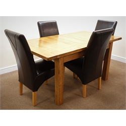  Solid light oak extending dining table, square supports (W199cm, H78cm, D92cm) and set four high back leather dining chairs (W45cm)  