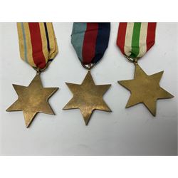 Group of five WWII medals comprising 1939-45 War Medal, Defence Medal and Italy, Africa and 1939-45 Stars; all with ribbons (5)