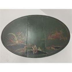 Early 20th century Japanned green lacquered dropleaf table, decorated in relief with figures and birds in a landscape, raised on spindle turned supports joined by a stretcher, gate action base