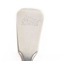 George III silver Fiddle pattern ladle, engraved with dolphin crest to terminal, hallmarked William Chawner II, London 1819, L33cm