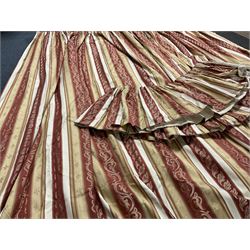 Montgomery interior fabrics - Pair pleated and lined curtains in red and gold regency striped fabric decorated with trailing foliage and matching pelmet (W445cm), each curtain - W233cm (at pelmet), Drop - 271cm