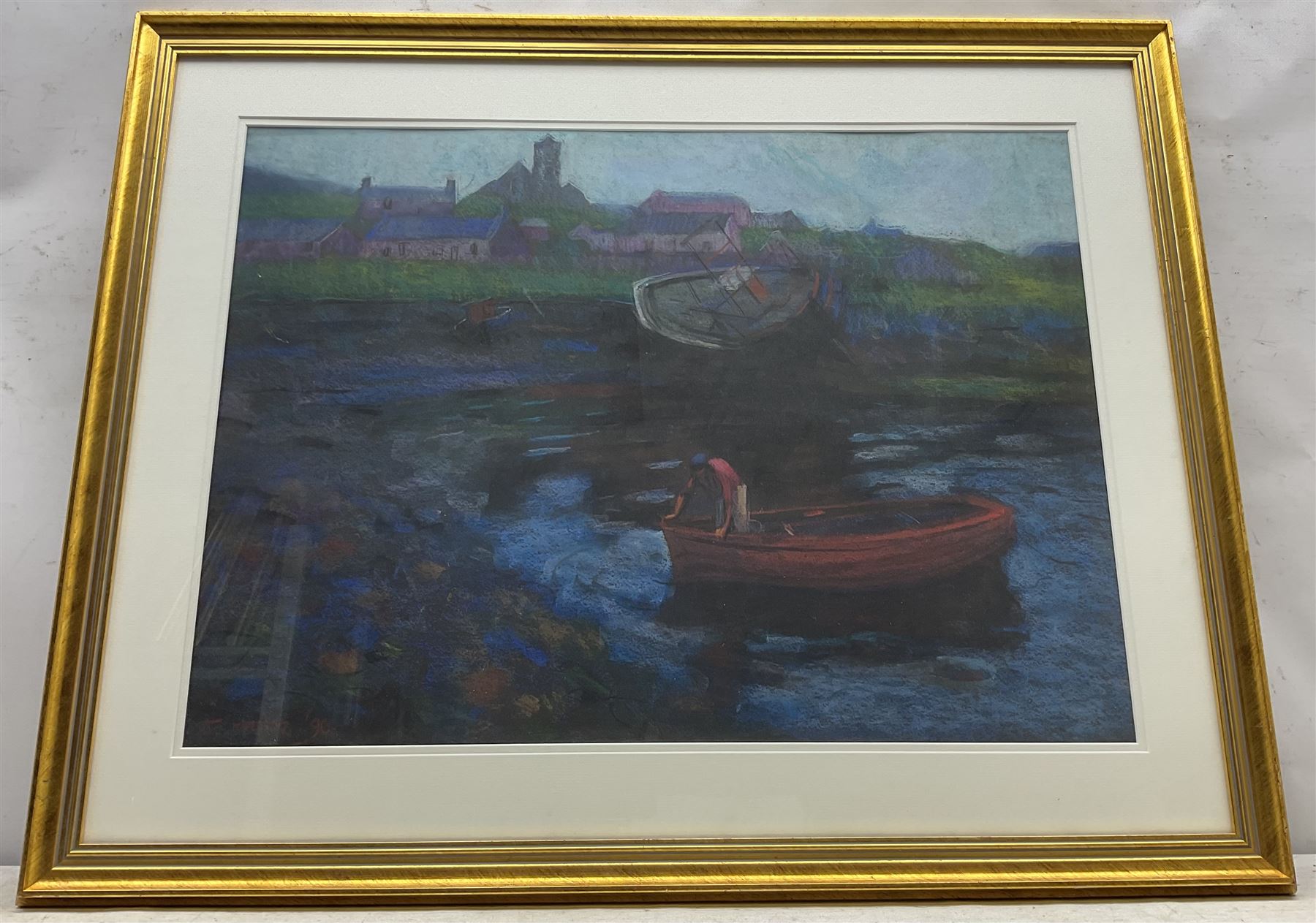 John Mackie (Scottish 1953-): Fishing Boat on the Edge of the Shore - 'Crail Fife', pastel signed and dated '90, titled verso 50cm x 68cm