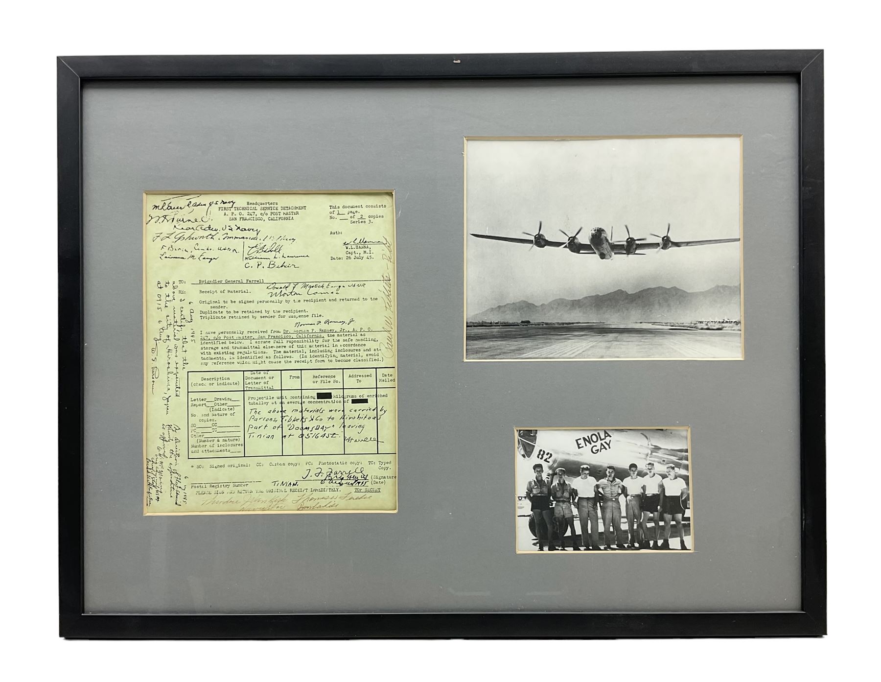 Hiroshima 1945 modern framed display of memorabilia comprising copy