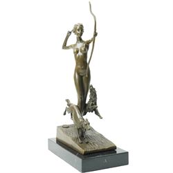 Art Deco style bronze, after Josef Lorenzl, modelled as a nude female figure holding a bow, with two dogs,  raised upon a rectangular base, H33cm