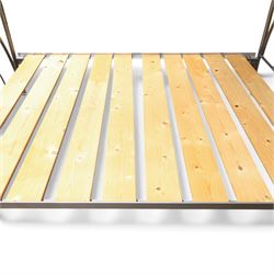 Gothic design wrought iron double bed, with silvered hammered finish, metal frame with large wooden slats