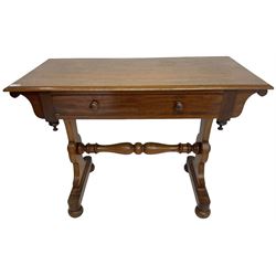 Victorian design mahogany side table, fitted with single drawer, raised on shaped end supports with bun feet, united by turned stretcher