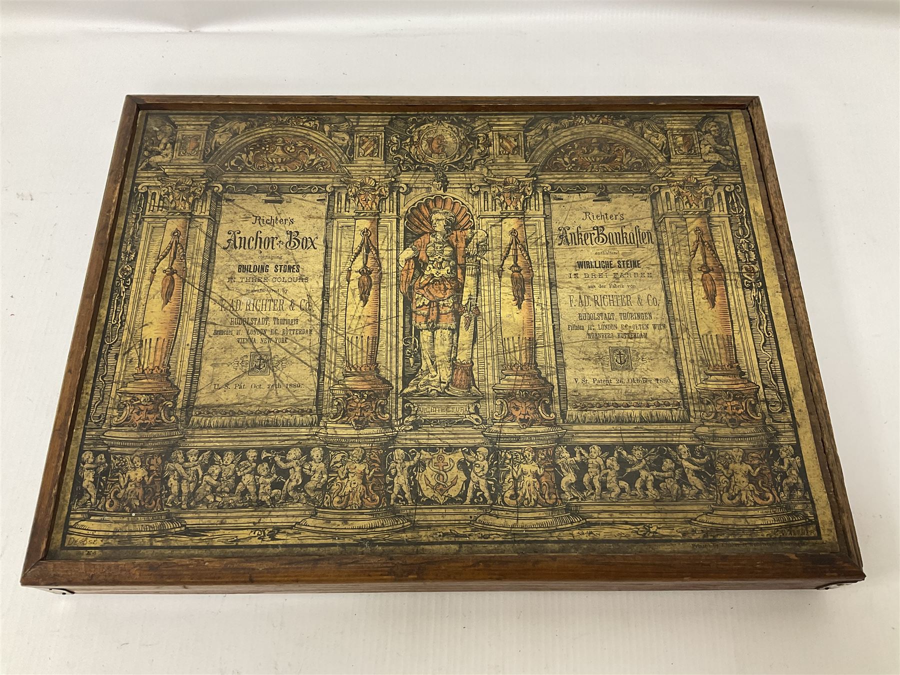 Richters 1880s Anchor Box Stone Block Building set, in original wooden box with sliding lid and paper label; with two instruction booklets, circa 1880-1900s