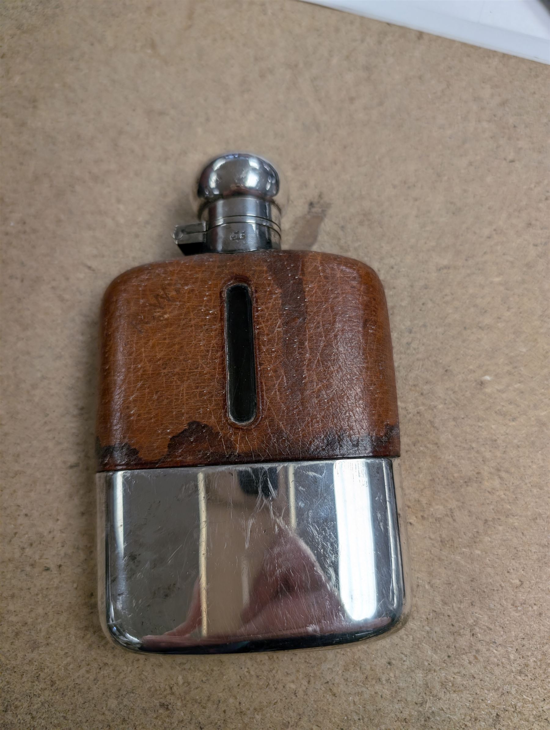 Reproduction miniature copper diving helmet, silver plated hip flask, early 20th century writing set by W.H. Harling, powder flask, two pewter tankards, etc