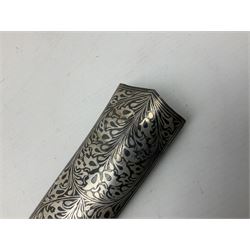 Indian Khanjar dagger with 28cm curving damascus steel blade inlaid with silver floral emblem, white metal and niello style grip in the form of a bird's head with pronounced beak and matching scabbard L44cm overall