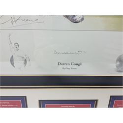 Two signed Yorkshire County cricket bats, bearing signatures including Anthony McGrath, Jacques Rudolph, Michael Vaughn and Matthew Hoggard, etc, both within glazed presentation boxes, box H86.5cm, together with a framed Darren Gough signed presentation print by Gary Keane