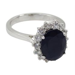 18ct white gold oval sapphire and diamond cluster ring, hallmarked, sapphire approx 3.65 carat, total diamond weight approx 3.65 carat, total diamond weight approx 0.55 carat