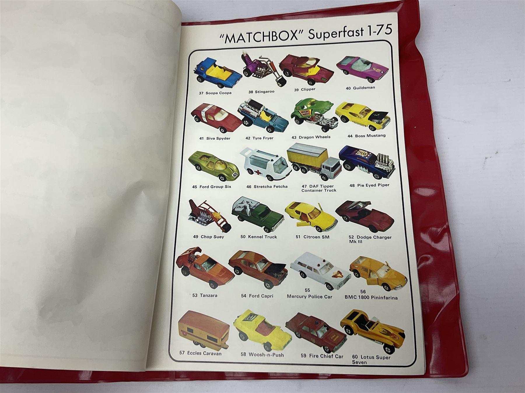 Matchbox 1-75 Series 'Superfast' ex-shop stock - eight models comprising two 62d Dragster, two 64c Slingshot Dragster, two 65d Saab Sonnet III and two 75c Alfa Carabo; all boxed; together with Matchbox trade catalogue c1973 in original vinyl cover (9)