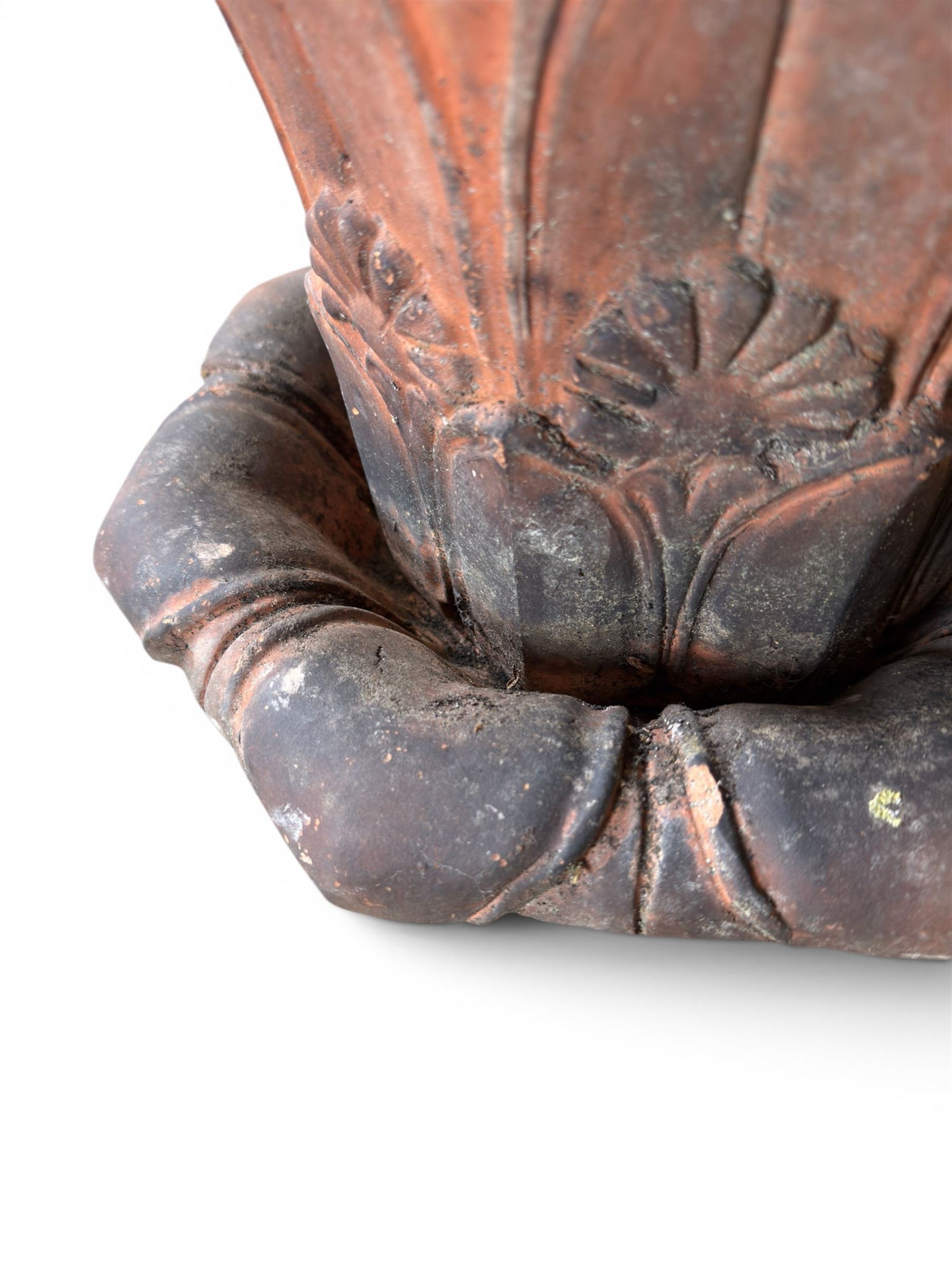 Small 19th century terracotta octagonal planter with stand, flower and leaf design