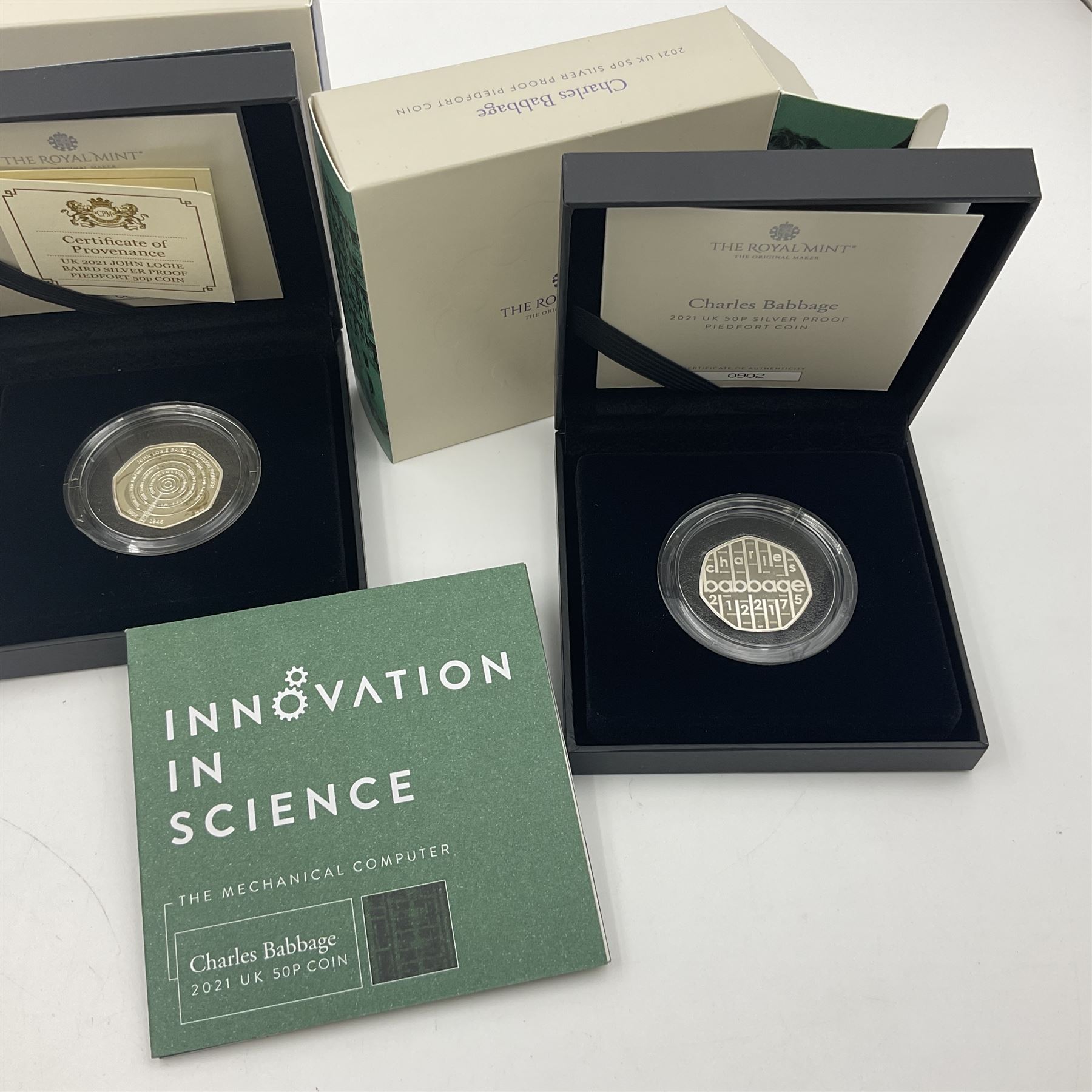 Three The Royal Mint United Kingdom silver proof piedfort fifty pence coins, 2021 'John Logie Baird', 2021 'Charles Babbage' and 2022 'Alan Turing', all cased with certificates