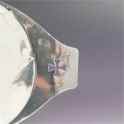 1920s silver paten, of oval form and handles with pierced cross decoration, engraved to underside 'Ex Dono Adae Moss Hill', hallmarked Blunt & Wray Ltd, London 1929, handle to handle W25cm