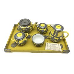 Chinese Hor Chung Wei Hai Wei tea set five pieces, bound by figurative pewter upon a decoration tray